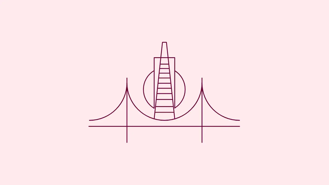 Minimalist line art of the Golden Gate Bridge and Transamerica Pyramid, representing San Francisco on the event hub.